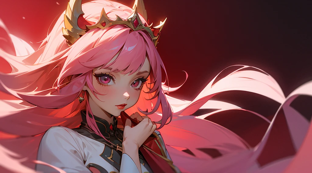 (masterpiece), (best quality: 1.0), girl, fox girl, pink hair, with dress (ultra high resolution: 1.0), detailed illustration, 8K, animated, 1 girl, beautiful animated girl, with a red naeanja, flower crown, pretty face, detailed face, beautiful eyes, detailed eyes, dark red eyes, red lips, red lipstick, beautiful and elegant hair, highlights in hair, bright anime style with bangs, best quality, vibrant, red book , dark bluish background.