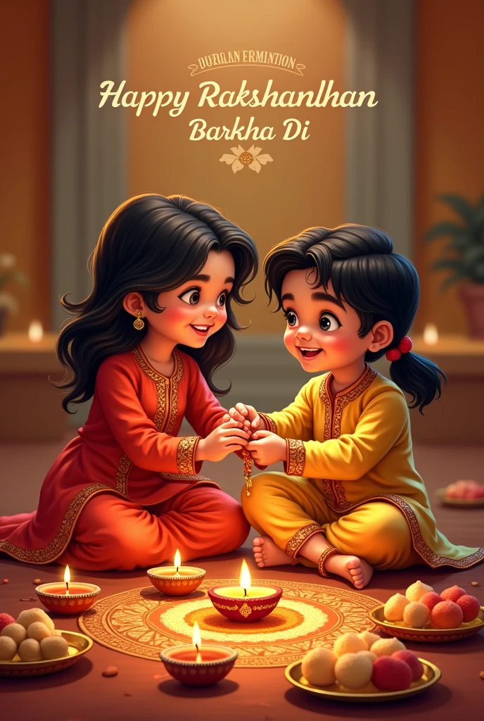“Create an image of a Rakshabandhan celebration featuring a brother and sister. The sister, named Barkha, should be tying a rakhi on her brother’s wrist. Include a festive and warm background with traditional Indian elements like diyas, sweets, and decorative patterns. Add a text overlay that says 'Happy Rakshabandhan, Barkha Di' in an elegant .