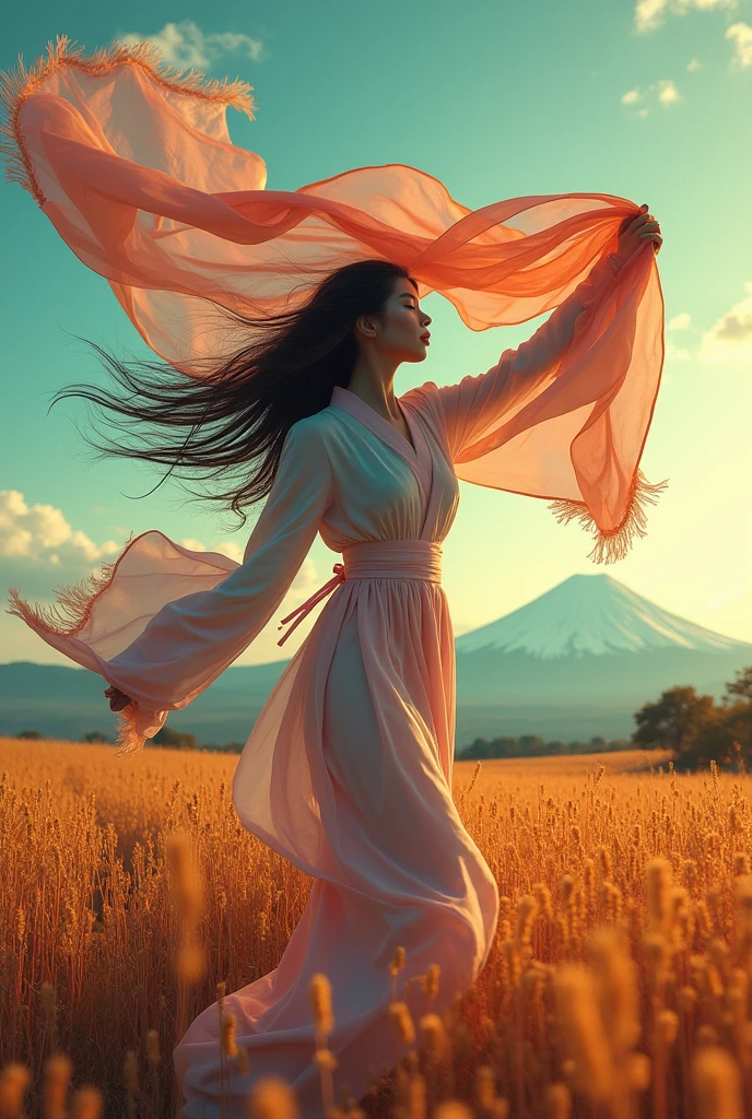 A vibrant background of colors. The dominant colors include shades of muted gold, teal, orange, and purple. The focal point is a woman standing in a field in profile, holding a large, very long, billowy scarf in the wind over her head. Her hair is long and blowing . Hyper photo realistic. Large plot, typography, photo, conceptual art, painting, illustration, fashion, 3d render, portrait photography, cinematic, dark fantasy,japanese woman, mt.fuji