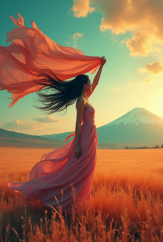 A vibrant background of colors. The dominant colors include shades of muted gold, teal, orange, and purple. The focal point is a woman standing in a field in profile, holding a large, very long, billowy scarf in the wind over her head. Her hair is long and blowing . Hyper photo realistic. Large plot, typography, photo, conceptual art, painting, illustration, fashion, 3d render, portrait photography, cinematic, dark fantasy,japanese woman, mt.fuji