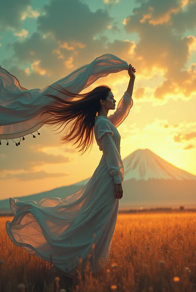 A vibrant background of colors. The dominant colors include shades of muted gold, teal, orange, and purple. The focal point is a woman standing in a field in profile, holding a large, very long, billowy scarf in the wind over her head. Her hair is long and blowing . Hyper photo realistic. Large plot, typography, photo, conceptual art, painting, illustration, fashion, 3d render, portrait photography, cinematic, dark fantasy,japanese woman, mt.fuji 