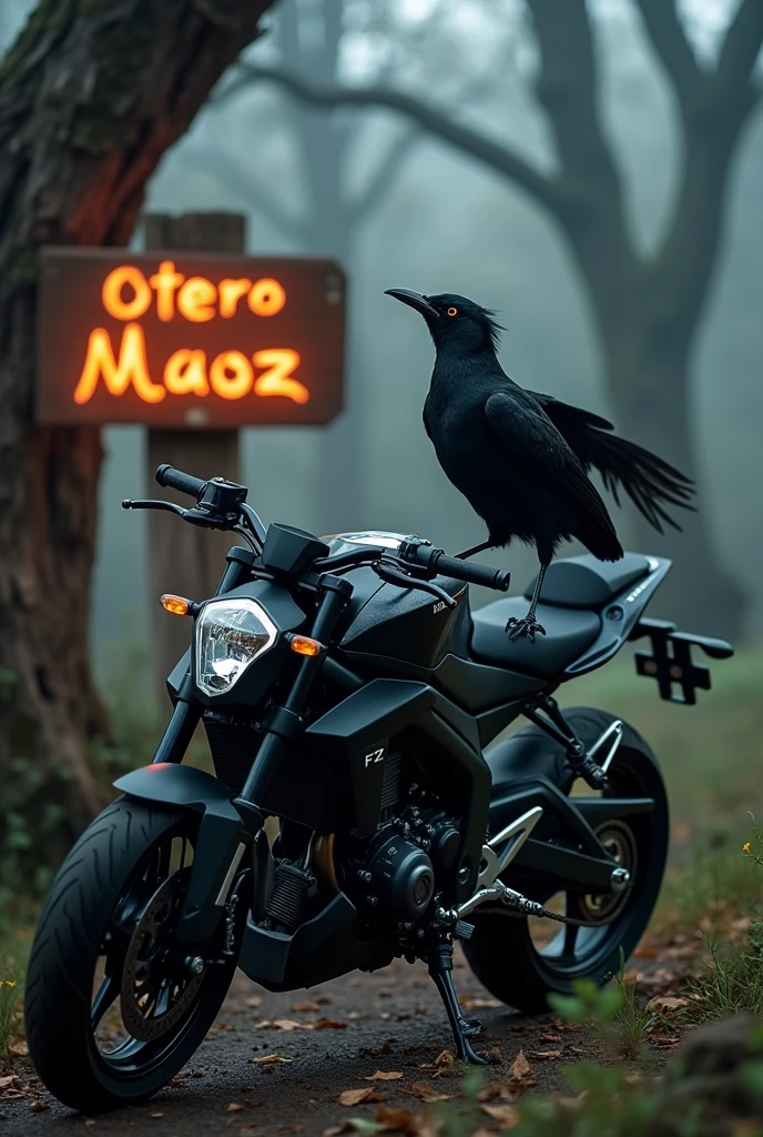 Northern Mockingbird, black color, riding a Yamaha FZ motorcycle, with a terrifying forest landscape, on a tree a sign in flames with the name: Otero Maoz.