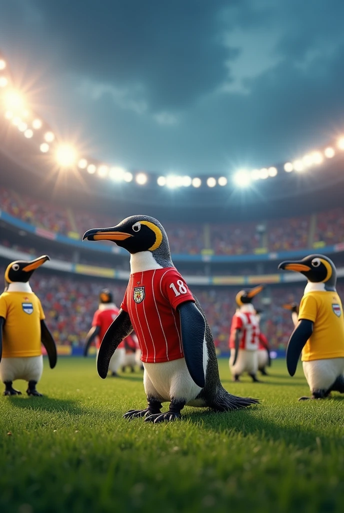 PENGUINS WITH SOCCER JERSEYS OF CHILE PERU BOLIVIA ARGENTINA BRAZIL COLOMBIA MEXICO WITH STADIUM BACKGROUND 