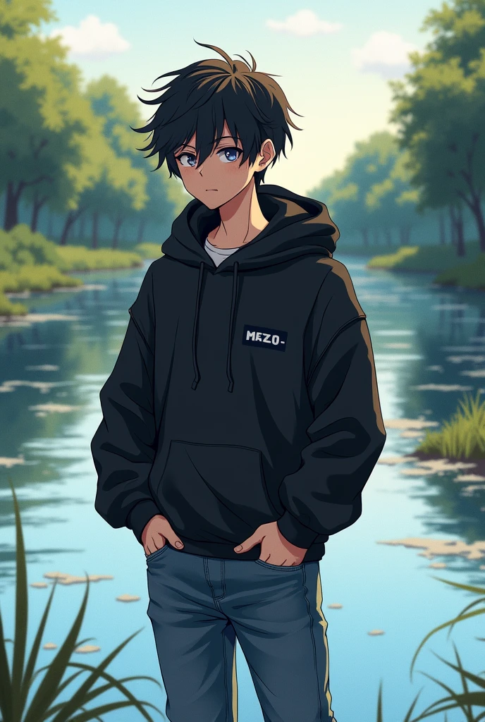 Generate a anime looking back at river who is wearing a black hoodie and put his hand in pocket of his paint  write a slogan below it about pain of a student in one sentence 