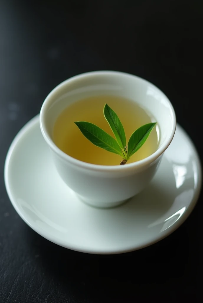 A single-finger white porcelain teacup holds a single bud and two leaves of Chinese high mountain tea.,((Right beneath the surface, You can see the refreshing and pure one-heart, two-leaf Chinese high mountain tea brewed in it after drying.)),simple,Movie Lighting,专业photography,Studio Lighting,Black desktop background,photography,Intricate details,Ultra Detail,Hyper-photorealism,8K Ultra HD top view,Top view, bird's eye view