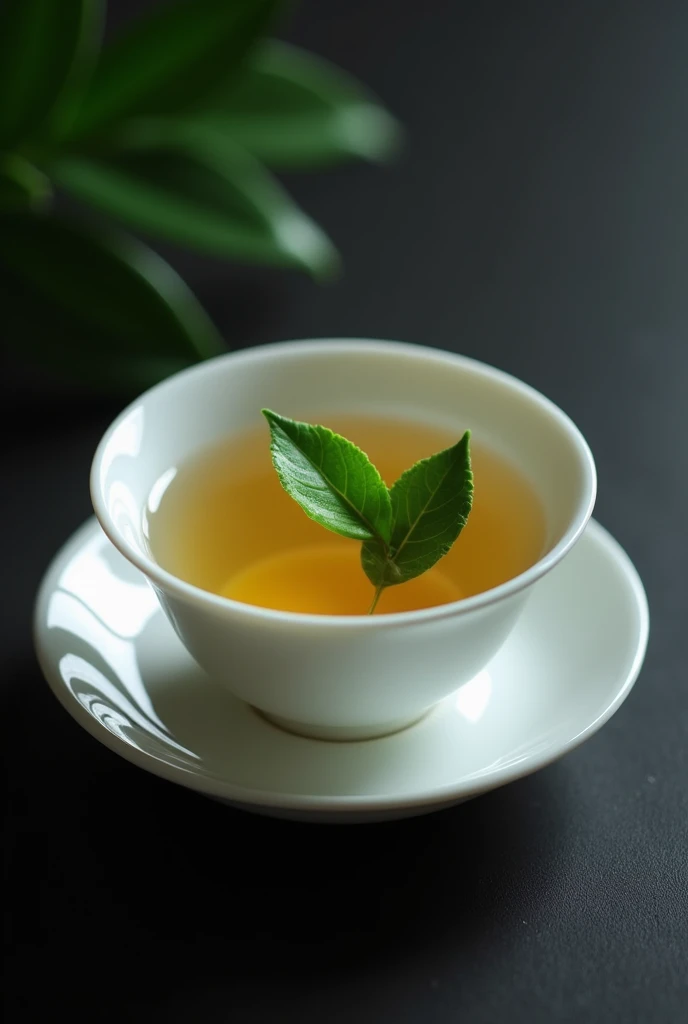 A single-finger white porcelain teacup holds a single bud and two leaves of Chinese high mountain tea.,((Right beneath the surface, You can see the refreshing and pure one-heart, two-leaf Chinese high mountain tea brewed in it after drying.)),simple,Movie Lighting,专业photography,Studio Lighting,Black desktop background,photography,Intricate details,Ultra Detail,Hyper-photorealism,8K Ultra HD top view,Top view, bird's eye view