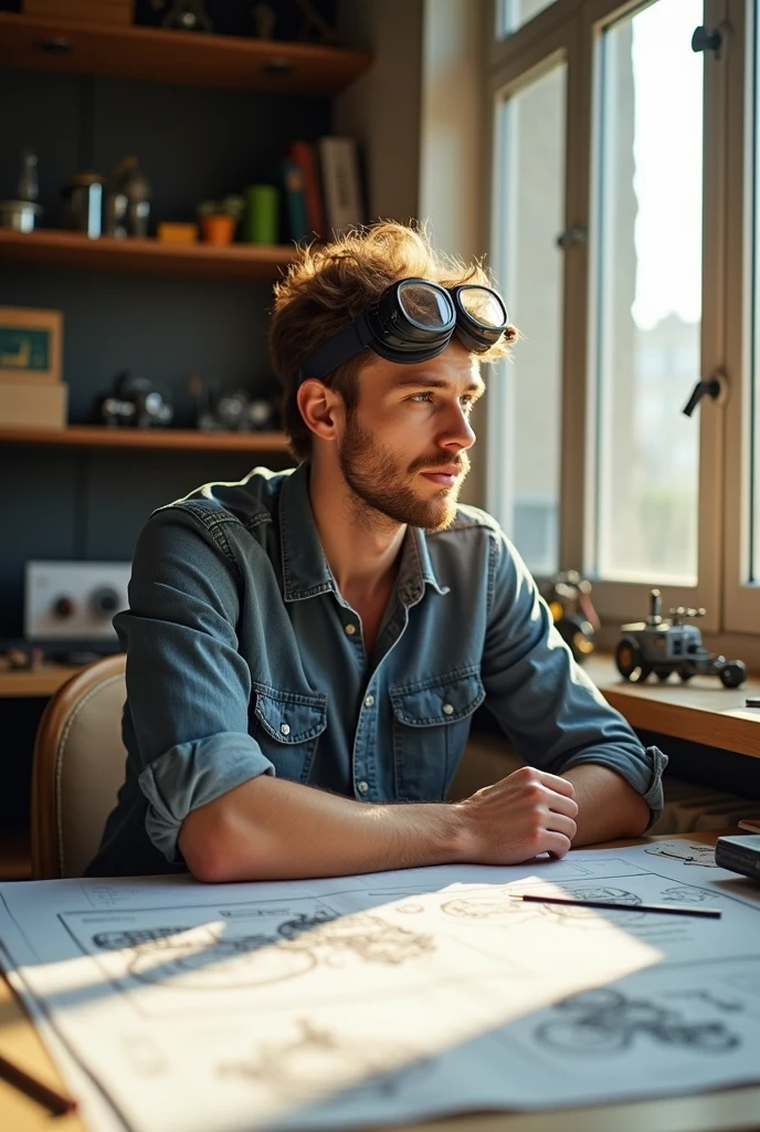 a young engineer thinking about why he became an engineer in school, with engineering references