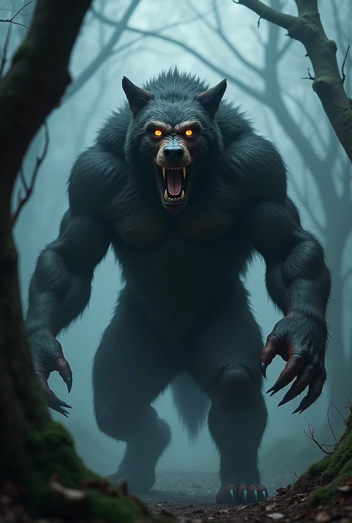 Mythical monster half wolf and half humanoid bear that is scary like a real-life photo