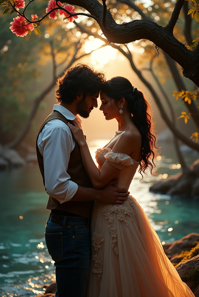 Create an enchanted realistic image with a surrealist touch from 19th century Brazil. Depict a passionate couple near a crystal-clear stream. The man has disheveled black hair and Arabic descent, and is unfastening the woman’s corset, who has almond-shaped brown eyes and brown hair tied in a ponytail, wearing a 19th-century dress. The scene should appear magical and mysterious, with trees and flowers looking like mystical creatures protecting the couple. The image should convey an intense feeling of surrender and passion.