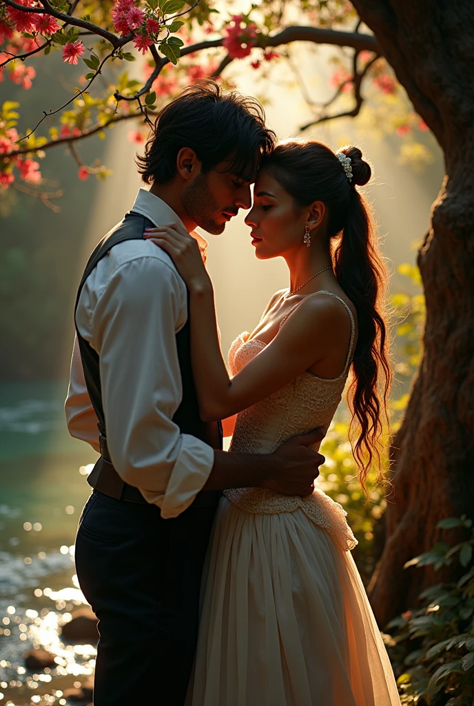 Create an enchanted realistic image with a surrealist touch from 19th century Brazil. Depict a passionate couple near a crystal-clear stream. The man has disheveled black hair and Arabic descent, and is unfastening the woman’s corset, who has almond-shaped brown eyes and brown hair tied in a ponytail, wearing a 19th-century dress. The scene should appear magical and mysterious, with trees and flowers looking like mystical creatures protecting the couple. The image should convey an intense feeling of surrender and passion.