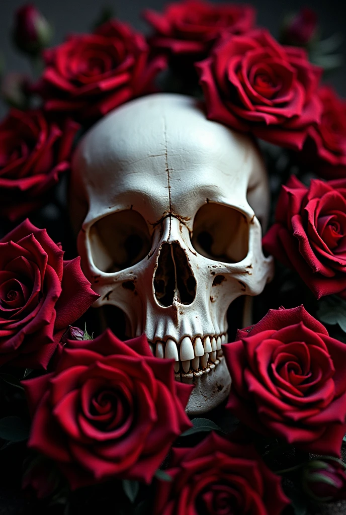 Skull surrounded by red roses. grimdark 
