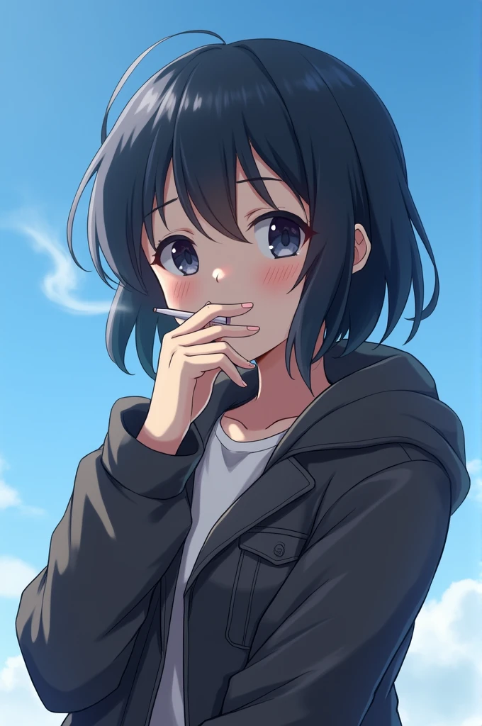 anime adult woman with short black hair wearing a jacket and smoking a cigarette with a blue sky as a background
