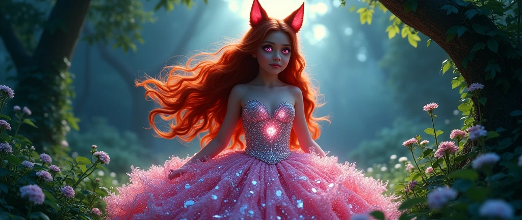 A girl with wolf ears,Red hair,Wearing a dress of diamonds,And with bright pink eyes
