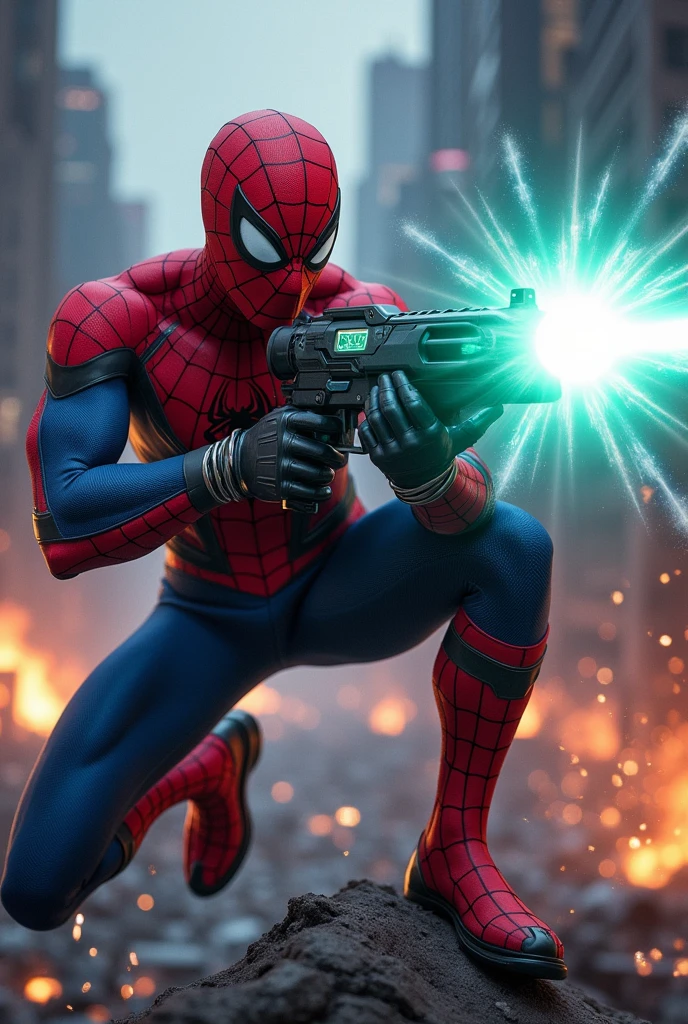 Visualize Spider-Man in an intense battle scene, holding a high-tech gun, which is unlike his usual gear, adding a unique twist to his character. Spider-Man is mid-action, firing the gun, with a burst of energy or bullets emerging from the barrel. The gun is sleek and futuristic, glowing with blue or green energy. The bullets or energy projectiles are vividly detailed, streaking through the air with a trail of light behind them.