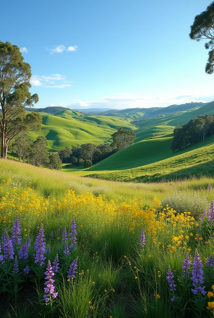 In the Australian countryside, rolling hills are covered in a vibrant quilt of lush green, dotted with patches of wildflowers in shades of purple, yellow, and pink. The landscape undulates gently, with fertile pastures stretching out beneath a clear blue sky. Eucalyptus trees and native shrubs add texture and depth to the scene, while the air is filled with the sweet scent of blossoms and the sounds of chirping birds. The serene beauty of this countryside offers a peaceful and picturesque retreat into nature.