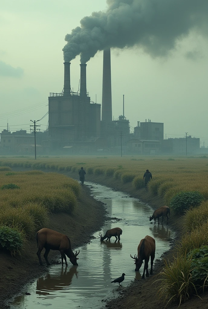 An image of a factory polluting the water and then dumping that dirty water outside, and that dirty water being consumed by animals and that dirty water going to crops and also being consumed by humans, affecting the entire ecosystem.