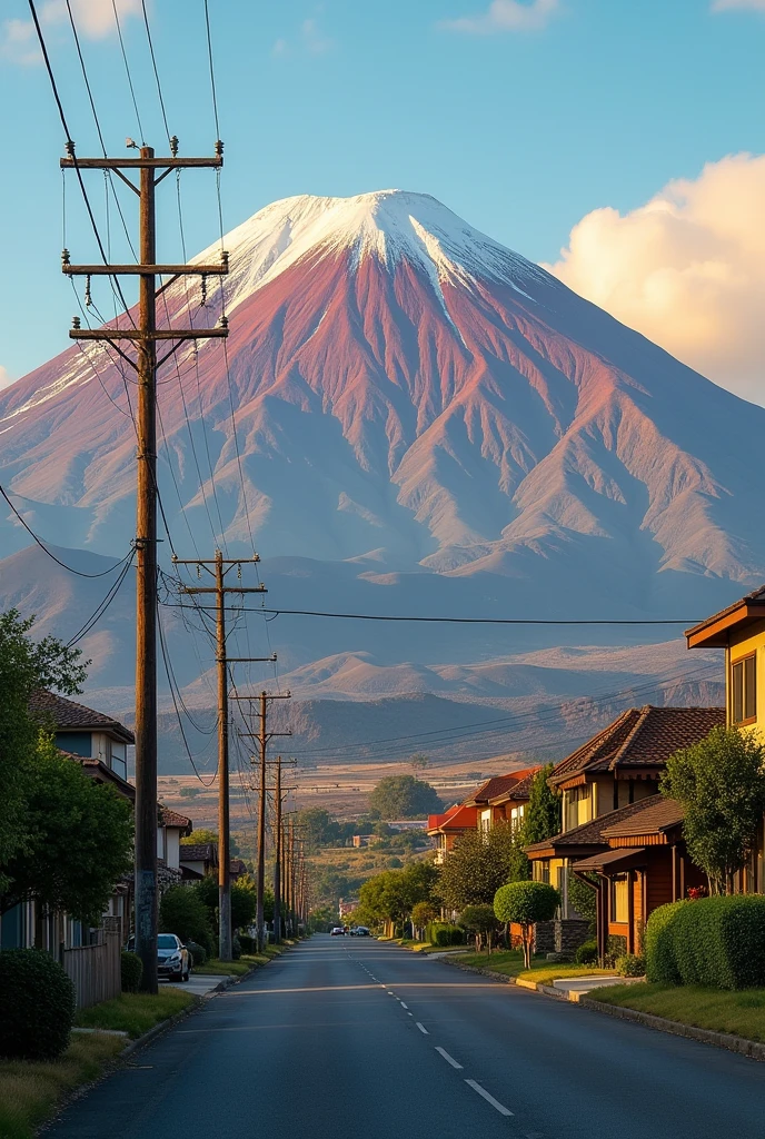 Image for an internet fiber optic advertisement which is brought to the house by smaller telephone poles that shows a house next to many with internet connection with a background landscape of volcanoes and all their colors but with red and white predominating