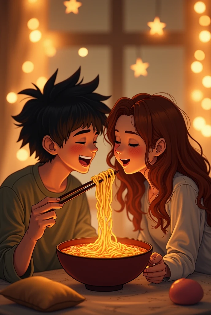 A couple of a boy and a girl. They are sitting eating maruchan, while the girl gives maruchan to the boy and the boy gives maruchan to the girl in the mouth