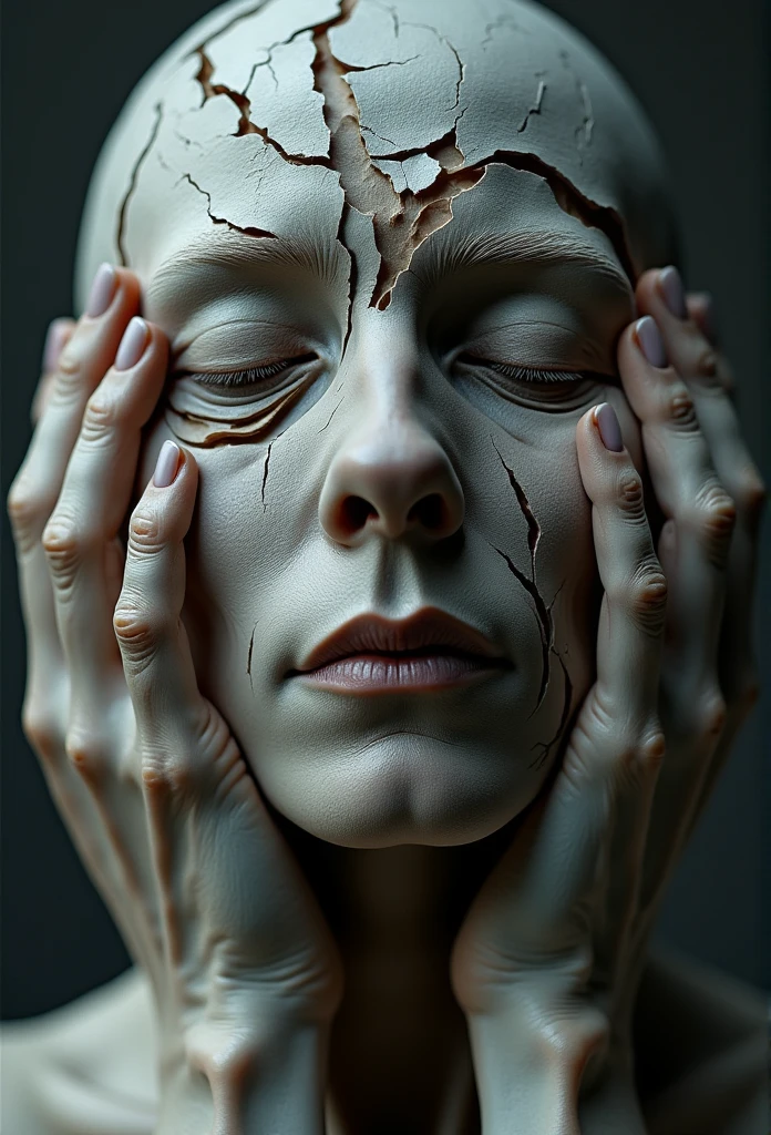 Holding head with both hands, Wrinkled face made of paper, Exposed cerebral miso,face with closed eyes,Abstract portrait close-up,surreal dark art,4K,face detailed