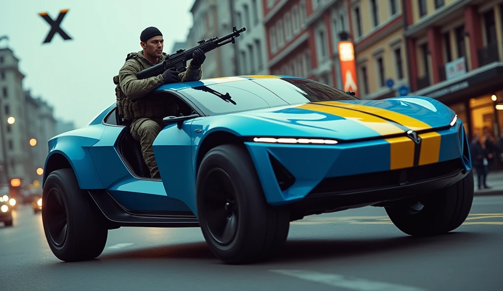 A highly trained Swedish special forces soldier, driving a futuristic blue Tesla Cybertruck with yellow stripes, performing adrenaline-fueled wheelies on the avenue of Gothenburg city around a massive X logo sign, wielding an imposing heavy machine gun, a swedish flag on the back of the truck, cinematic, dramatic lighting, hyper-realistic, 8K, 3D render, photorealistic, chiaroscuro, moody, gritty, military, tactical, advanced technology, dynamic pose, muscular physique, tactical gear, serious expression, rugged environment, stunning visuals, powerful, intense