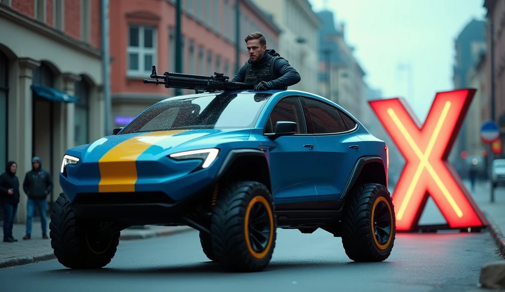 A highly trained Swedish special forces soldier, driving a futuristic blue Tesla Cybertruck with yellow stripes, performing adrenaline-fueled wheelies on the avenue of Gothenburg city around a massive X logo sign, wielding an imposing heavy machine gun, a swedish flag on the back of the truck, cinematic, dramatic lighting, hyper-realistic, 8K, 3D render, photorealistic, chiaroscuro, moody, gritty, military, tactical, advanced technology, dynamic pose, muscular physique, tactical gear, serious expression, rugged environment, stunning visuals, powerful, intense