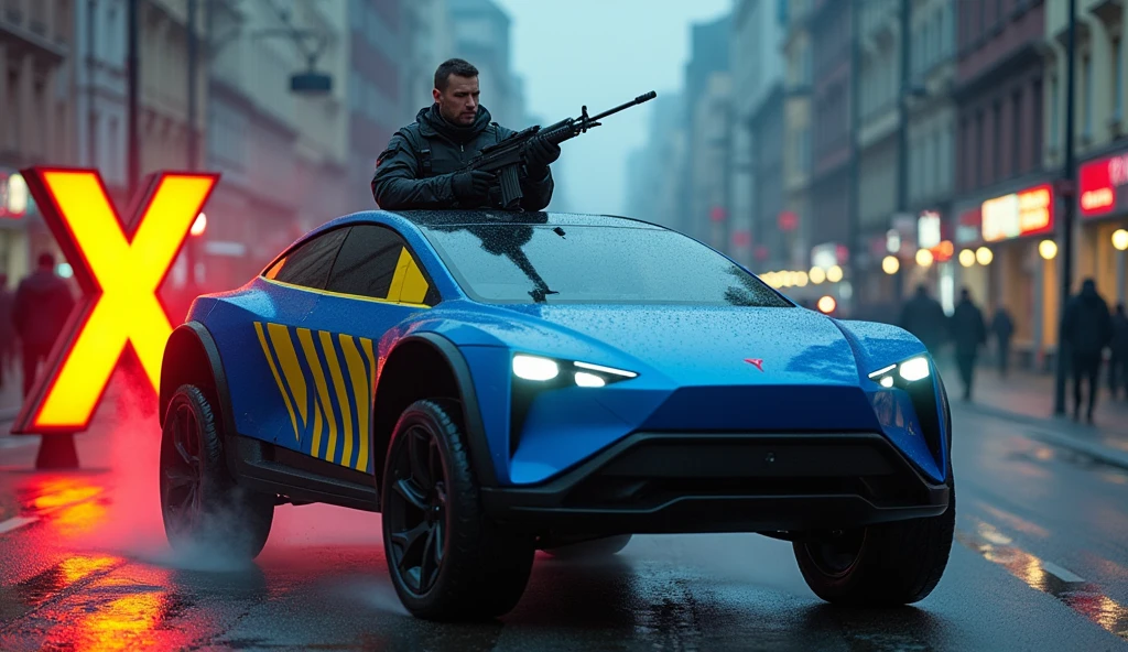 A highly trained Swedish special forces soldier, driving a futuristic blue Tesla Cybertruck with yellow stripes, performing adrenaline-fueled wheelies on the avenue of Gothenburg city around a massive X logo sign, wielding an imposing heavy machine gun, a swedish flag on the back of the truck, cinematic, dramatic lighting, hyper-realistic, 8K, 3D render, photorealistic, chiaroscuro, moody, gritty, military, tactical, advanced technology, dynamic pose, muscular physique, tactical gear, serious expression, rugged environment, stunning visuals, powerful, intense