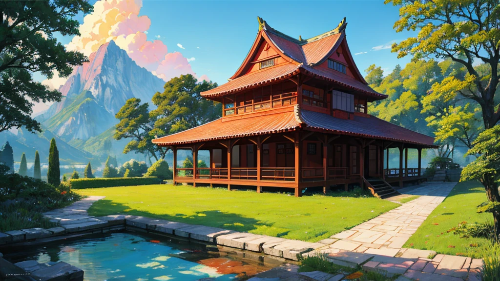 meditation ((best quality)), ((masterpiece)), (detailed), Miyazaki painting style, illustration, over-the-shoulder perspective, back, halo, a young men sitting under the eaves of green bricks, there is a rolling mountain in the distance, the top of the mountain is a reddish sunset, below the mountain is a square rice field, pond, the edge of the blue sky is shining with orange red, the foreground of the photo can see a little black tile eaves, realistic oil painting, perfect face