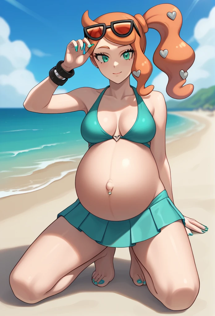 score_9, score_7_up BREAK solo,EPpkSonia,orange hair, side ponytail, aqua eyes, long hair, eyewear on head, sunglasses, heart hair ornament, aqua bikini, pregnant, big belly, Belly button piercing, cleavage, bracelet, collarbone, panties, nail polish, aqua nails, aqua toenails, beach, belly rub, Hawaii skirt