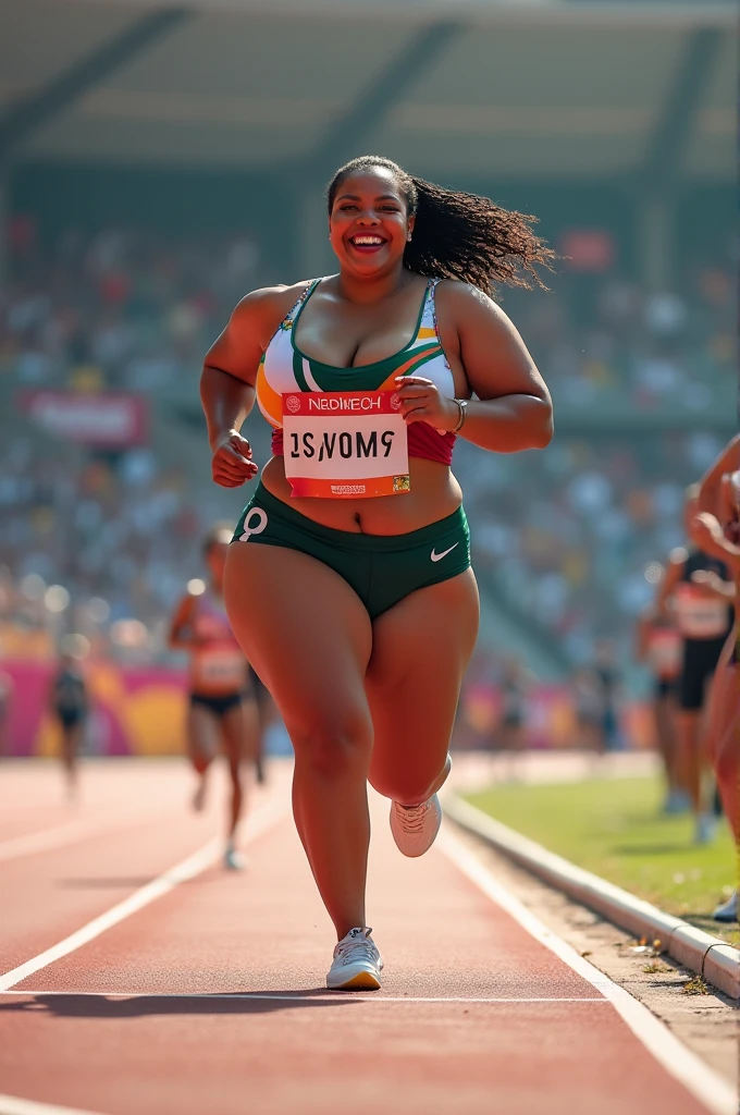 running fat Olympic athlete,swaying breasts,fat female Olympic 1500m race,with Plump breasts, super breasts, huge breasts, big breasts,a large breasts, big breasts!, thicc,alluring plus sized model, voluptuous body