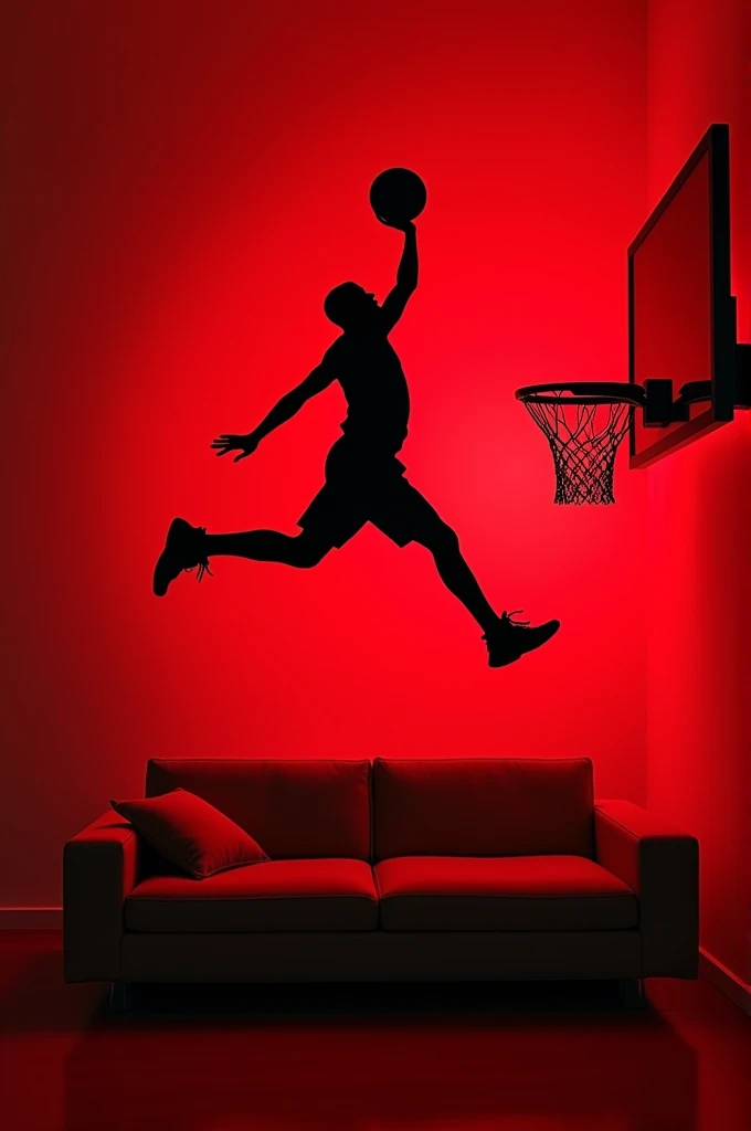 BETO' a red luminiscent silhouette of a basketball player in mid-air about to score a basket. The player is positioned above and to the modern-style couch, giving the impression that they are leaping from the couch towards a basketball hoop on the right. The hoop is at the upper right corner of the image, with the net and backboard clearly visible. The entire scene is set against a plain wall to emphasize the action with name.'BETO' fonts,tipography