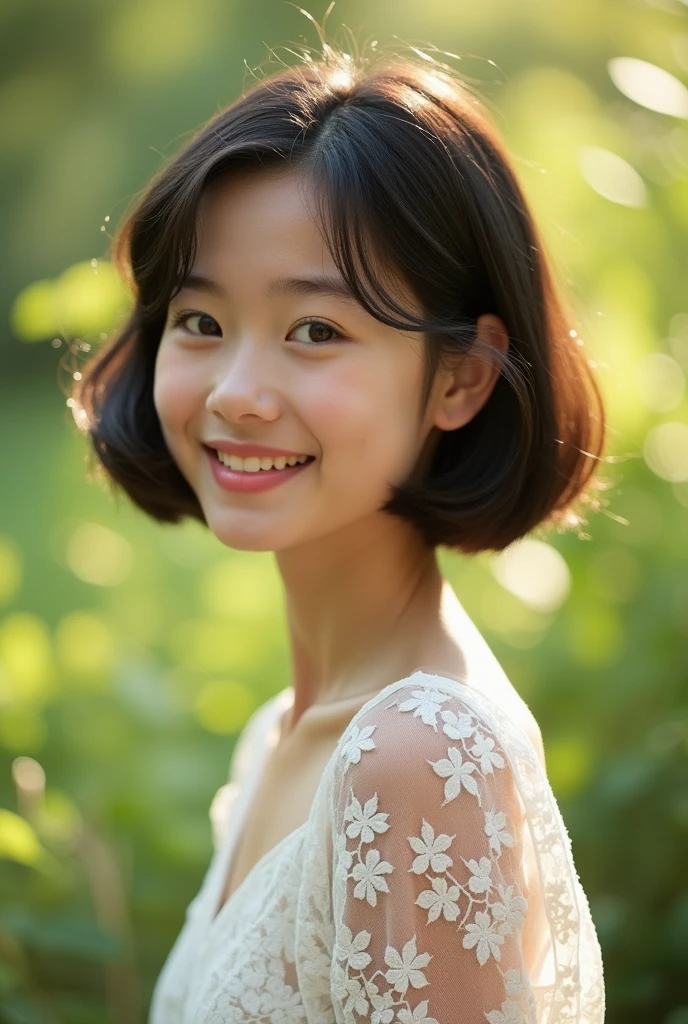 Highest quality, figure, Very detailed, In detail, High resolution, 8k wallpaper, Perfect dynamic composition, Beautiful attention to detail,  Face Focus,  Soft Light,Lace blouse ,Short Bob Hair,Natural color lip, ,smile,Outdoor、18-year-old girl、cute、looking at the camera