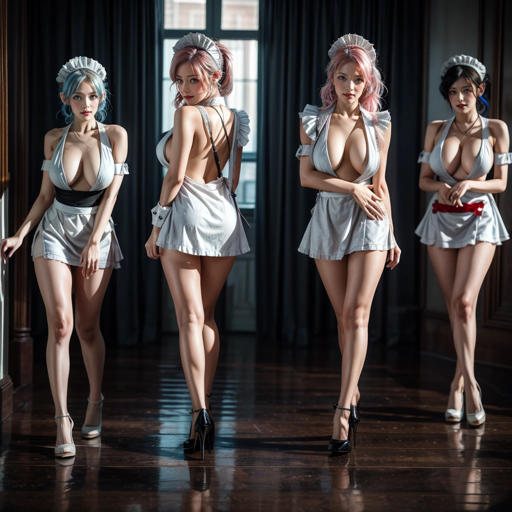 (Full Body of Extremely Detailed((Sexy Maid Group in a row:1.37))), KAWAII perfect face, Reflective Eyes, Detailed(Delicate Clothing textures), Correct Bewitching Leg Line, Dynamic Joyful Expressions LifeLike Rendering, Specular Reflection, TopQuality 8K Ultra-detailed masterpiece (ProfessionalPhoto:1.37), (Acutance:0.8), (Luminism:1.28), Renaissance art style, Colorful Light particles, ((Full body from side)), {MicroMini Skirt|Kissing Face to Face|Thigh Gap|Cute Peach AssFocus|(NakedApron with (Overflowing Sideboob))}, Radiant Fine Skin with Transparency, {Pink Hair|LightBlue Hair|Platinum Blonde|Pure White Hair|Liquid Hair}, Perfect Lighting