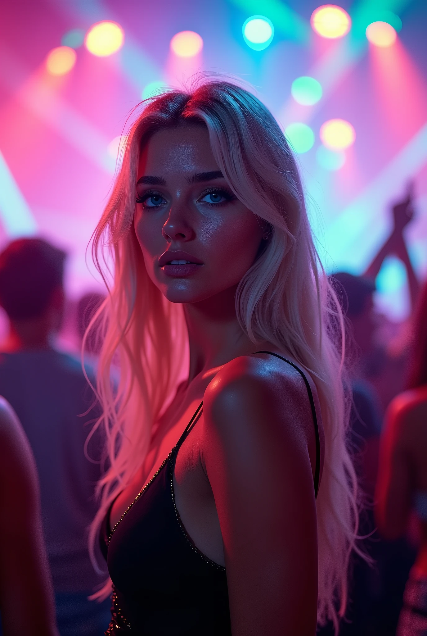 Beautiful 24 year old blonde girl with blue eyes and big breasts stands at a techno concert extremely detailed, realistic, photorealistic, high quality, 4k, 8k, masterpiece, ultra detailed, vivid colors, HDR, studio lighting, sharp focus , physical representation, professional portrait