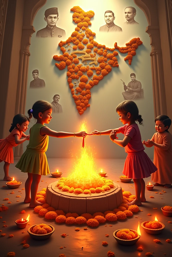 **रक्षा बंधन और बलिया बलिदान दिवस**: एक ओर भाई-बहन रक्षाबंधन मना रहे हैं, और दूसरी ओर बलिया बलिदान दिवस का दृश्य। इसमें स्वतंत्रता संग्राम के नायकों का सम्मान हो सकता है।
2. **सावन का अंतिम सोमवार**: शिवलिंग की पूजा करते हुए, साथ ही साथ रक्षाबंधन की रस्में भी दिखाई जा सकती हैं।
3. **भारत का नक्शा**: जिसमें बलिया जिले को विशेष रूप से उभारा गया हो, और उसके साथ स्वतंत्रता संग्राम का संदर्भ हो।
