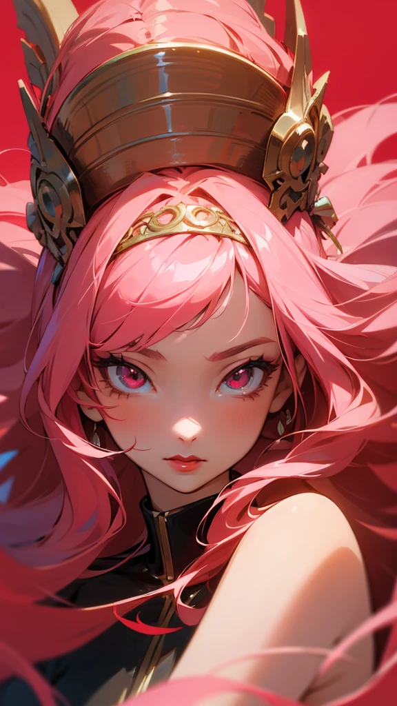 (masterpiece), (best quality: 1.0), girl, fox girl, pink hair, with dress (ultra high resolution: 1.0), detailed illustration, 8K, animated, 1 girl, beautiful animated girl, with a red naeanja, flower crown, pretty face, detailed face, beautiful eyes, detailed eyes, dark red eyes, red lips, red lipstick, beautiful and elegant hair, highlights in hair, bright anime style with bangs, best quality, vibrant, red book , dark bluish background.