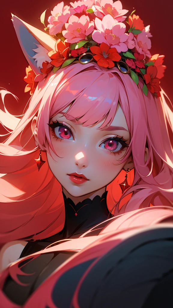 (masterpiece), (best quality: 1.0), girl, fox girl, pink hair, with dress (ultra high resolution: 1.0), detailed illustration, 8K, animated, 1 girl, beautiful animated girl, with a red naeanja, flower crown, pretty face, detailed face, beautiful eyes, detailed eyes, dark red eyes, red lips, red lipstick, beautiful and elegant hair, highlights in hair, bright anime style with bangs, best quality, vibrant, red book , dark bluish background.