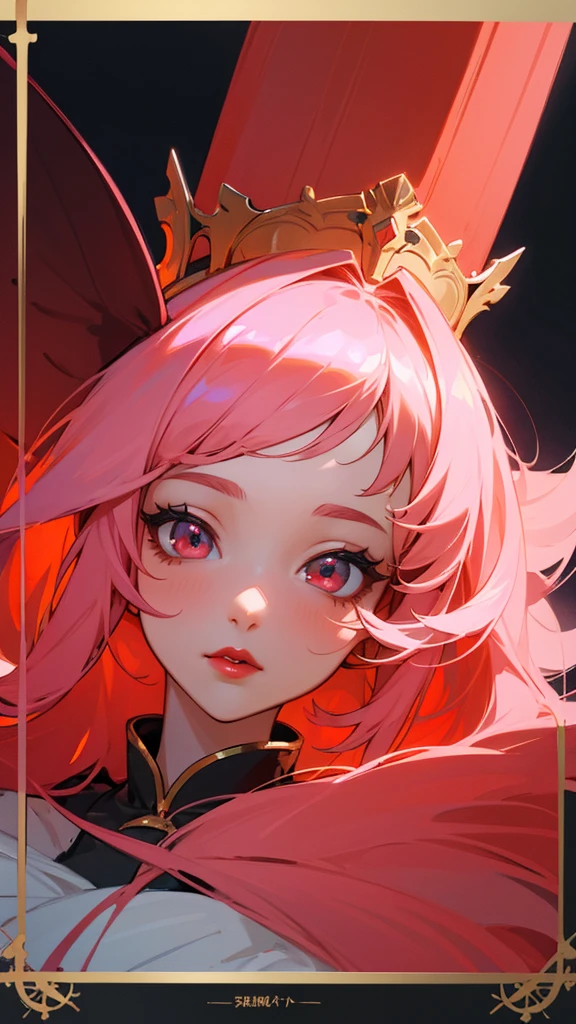 (masterpiece), (best quality: 1.0), girl, fox girl, pink hair, with dress (ultra high resolution: 1.0), detailed illustration, 8K, animated, 1 girl, beautiful animated girl, with a red naeanja, flower crown, pretty face, detailed face, beautiful eyes, detailed eyes, dark red eyes, red lips, red lipstick, beautiful and elegant hair, highlights in hair, bright anime style with bangs, best quality, vibrant, red book , dark bluish background.