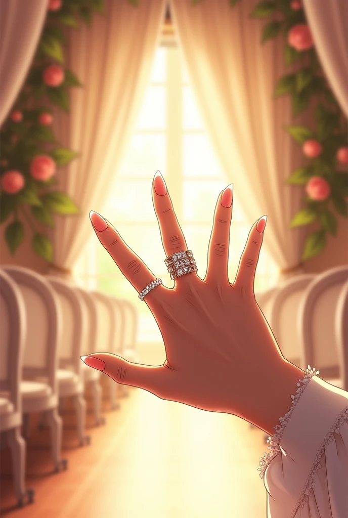 A woman's hand with 5 fingers, wearing 2 rings, one ring whole one ring dim dim view in the wedding hall webtoon version
