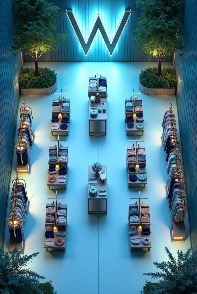 Top view of a 2D floor plan of a shopping mall clothing store, This store is large and inspired by the sea, it has a W letter in front of the store and several blue lights. Just give me the top view, making the view of the complete floor plan as clear as possible, from the highest possible angle, making visible all the elements that make up this store. pull those tables out of the middle and replace them with CLOTHES, CLOTHES HANGERS, LEAVE THIS PLANT LOW WITH A LOW PLANT FACE