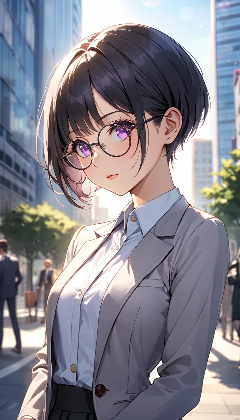 Highest quality、Best image quality、masterpiece、Anime Style、a girl、Beautiful Eyes、black hair, purple eyes、pixie cut、(flat chest)、slender、Tight waist、Round Glasses、gray suit, skirt, Office Lady、noon、Outdoor、upper body, Natural light、Shallow depth of field、looking Watches, Watches, In the office district、skyscraper、Lens flare