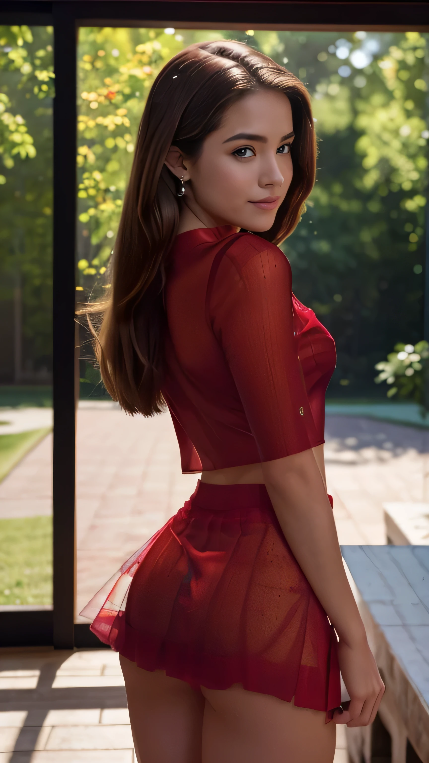 Foto hiperrealista en primer plano de Willa Fitzgerald, masterpiece, best quality, (photorealistic:1.5), full body, (see-through red shirt:1.5), (see-through red miniskirt:1.5), collage campus, sunny day, cinematic light, beautiful woman, skinny, small breasts, straight brown hair, detailed face, smile, photo taken from a distance, age 20 years old, half-naked, nude, no bra, sexy look, erotic, small nipples, erotic collage girl, professional lighting, professional quality, hd, 8k, broad shouldered, She has a gorgeous ass. bottom rear shot or side view