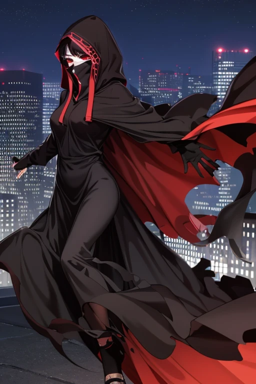 NNAssassinFSF, 1girl, solo, median breasts, black hair, red eyes, long cape sleeves, sleeves covered hands, no hands, dress, long cape, cape, black cloak, hood up, black robe, covered mouth, hooded cloak, ((masterpiece, best quality)) city, night, dancing