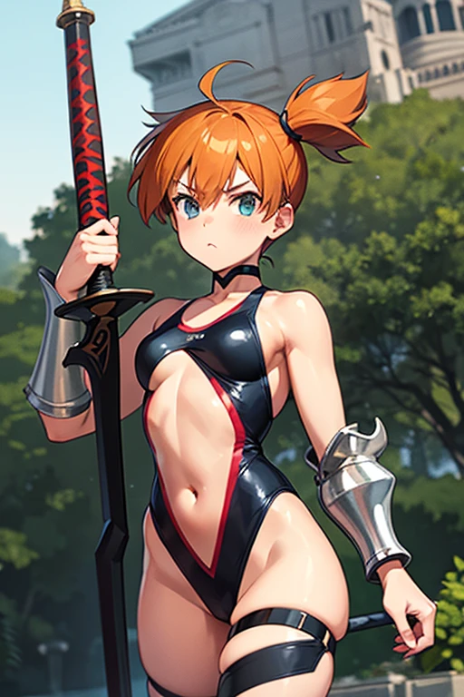 a bit, Warrior Girl, Black high leg swimsuit, sword,armor、Misty