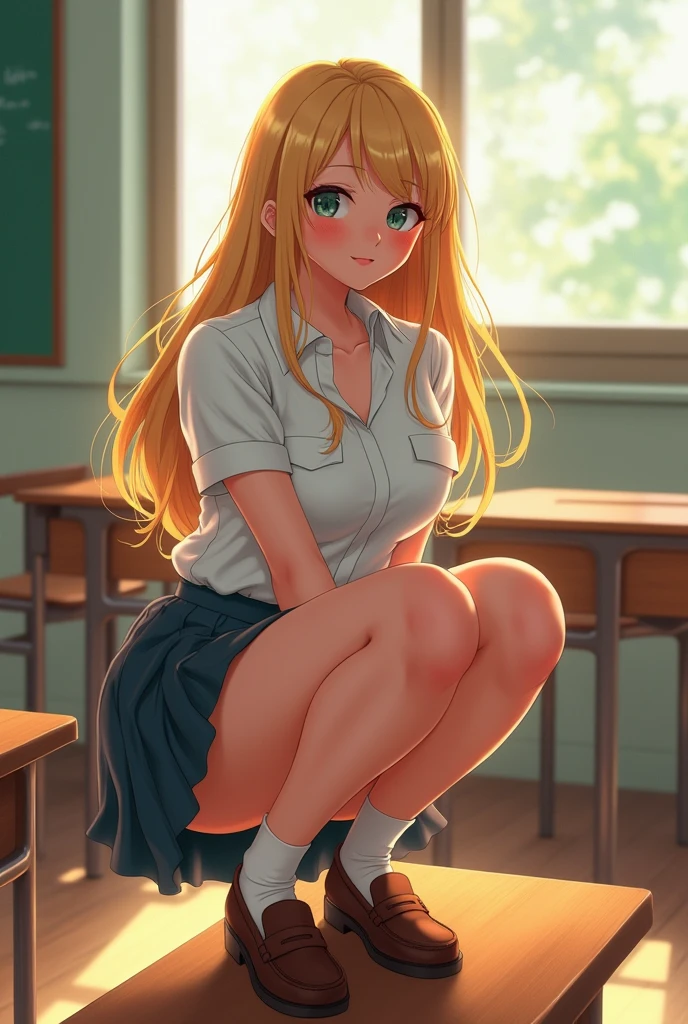 Fascinating anime, [ 4K Digital Art ]!!,Hyperrealistic Painting, Art with attention to detail, 8K High Resolution, Detailed Art,Curvy Tanned Gal,(puppet,Thick lips:1.2),Dress shirt,Side details,Pleated skirt,Big Breasts,Brown Loafers,Blonde Long Hair,(Dark Skip:1.3),loose socks,Sweaty,close,Squatting on a desk,In the classroom,(Blushed),