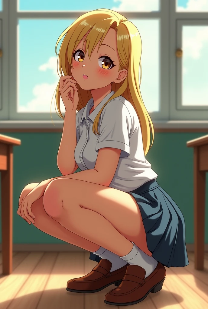 (NSFW:1.2), No modification, table top, (absurd:1.1), very detailed and beautiful, anime style, 1 girl, blue eyes, blonde, Sheer blouse, Unbuttoned blouse, open shirt, pleated skirt, hair clip, small breasts, classroom, Excited, lying on the desk with legs apart, Bend your knees and open legs,  twin tail hair, sweating, chest comes out, 1 boy, (sex:1.3)