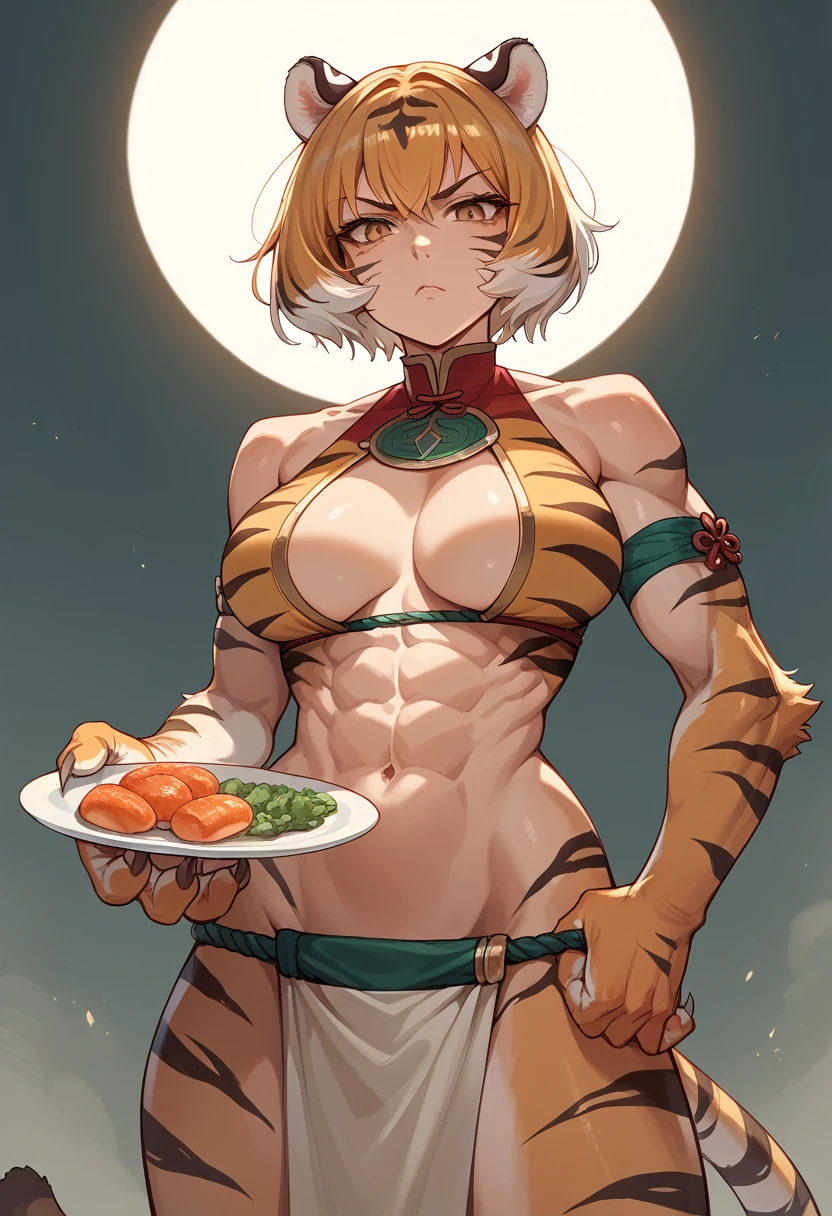 1woman, solo, short bob, tiger girl, large breasts, abs, chest plate,  waistcloth, Beastly limbs, Humanoid face and body, Powerful claws, Tiger ears, Tiger stripes on cheeks, standing, Serious face, 