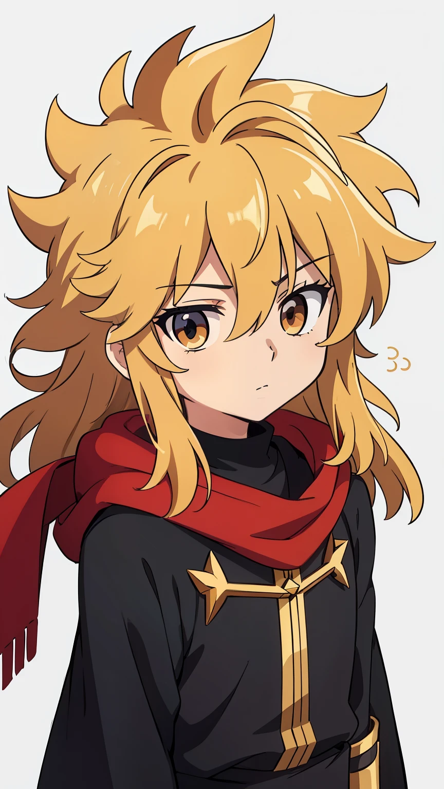 (high-quality, breathtaking),(expressive eyes, perfect face) 1male, boy, Symmetrical Eyes, solo, shota, adolescent age, young face, long hair length, fluffy wavy hair, light golden blonde hair color, slightly narrow eyes, masculine face, golden yellow color eyes, red scarf, hair between eyes, long sleeved black tunic, gold trim, age 7, portrait, narrow eyes, grey background, music, spiked hair, upper body, music notes background, short height, hypnos saint seiya, white and black cloak,
