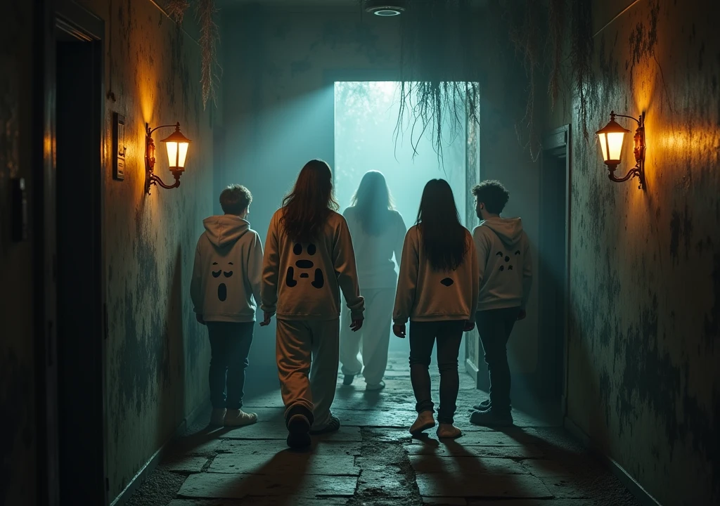 Action: Entering the haunted house with a mix of fear and humor.