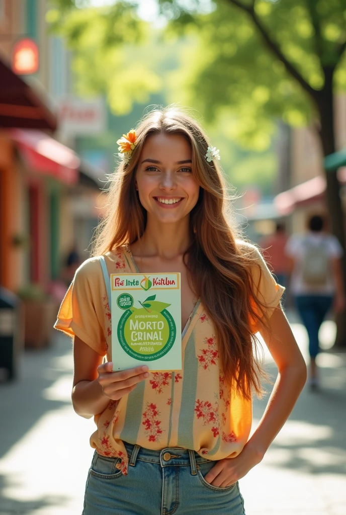 Create a picture of a cute original women showing a resource ad