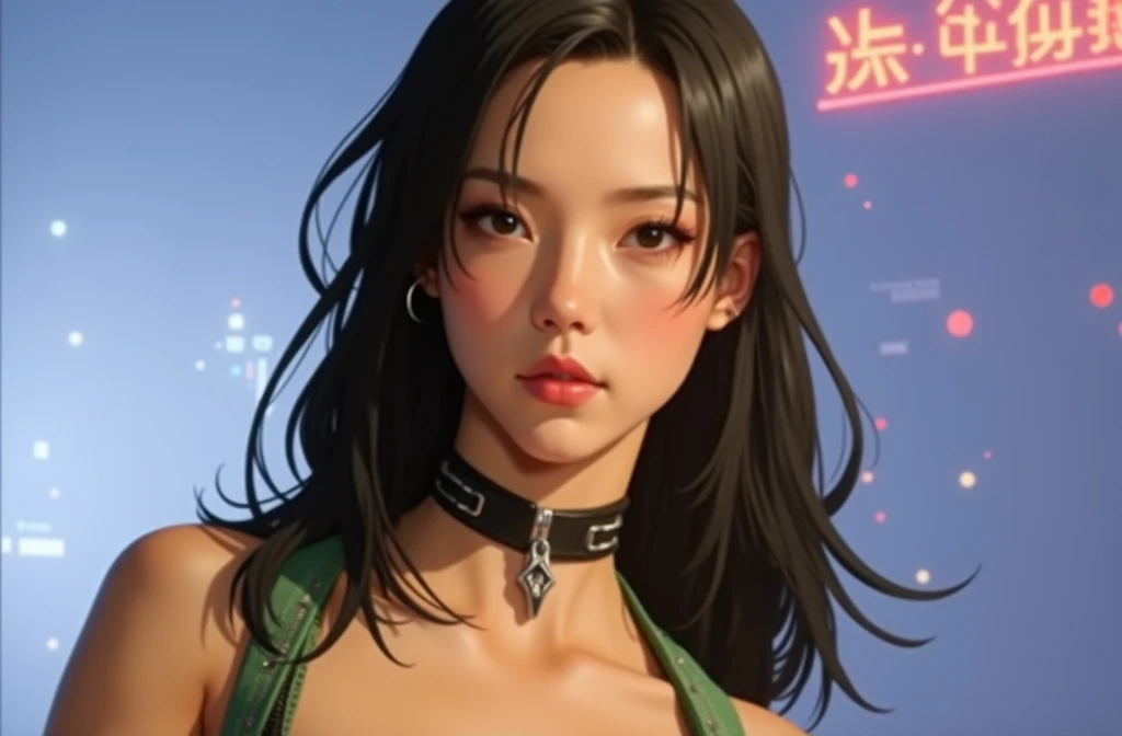 Maximum image quality, outstanding details, ultra high resolution, (Realism: 1.4), the best illustration, favor details, 1 very condensed girl, with a delicate and beautiful face, dressed in a black and green wick, wearing a mecha helmet, with black hair and a mole next to her mouth, holding a directional controller, ride a motorcycle, the background is a high-tech lighting scene of the city of the future.